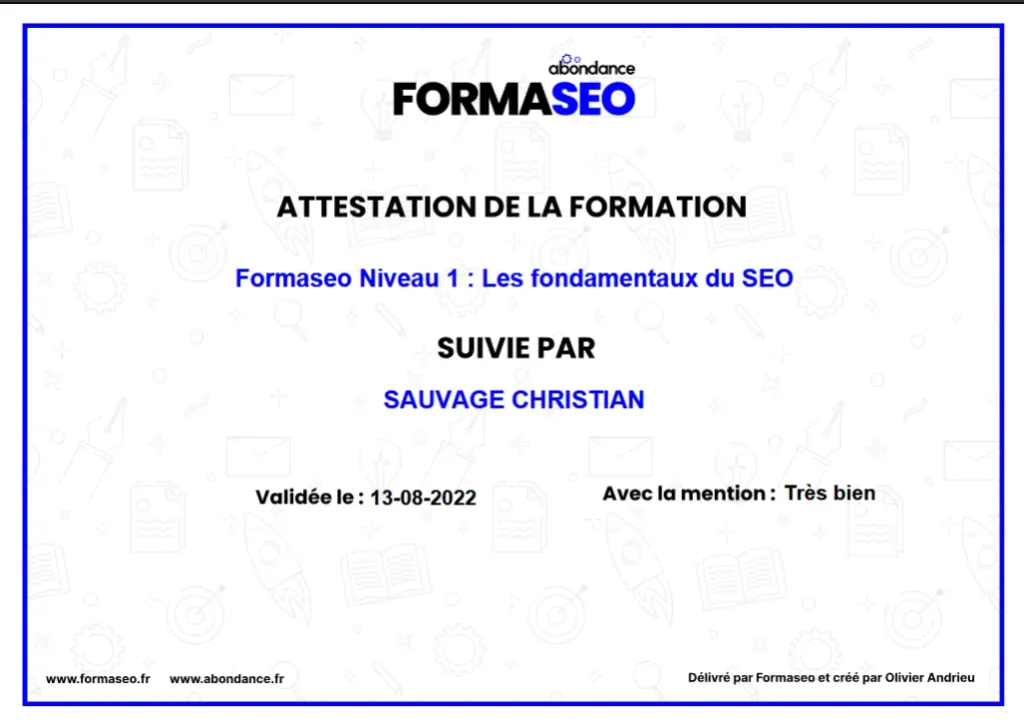 Attestation de formation Formaseo de niveau 1 : les fondamentaux du SEO