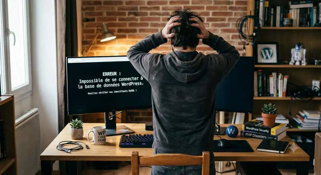 Homme frustré devant un écran affichant une erreur de base de données, illustrant un besoin de dépannage WordPress